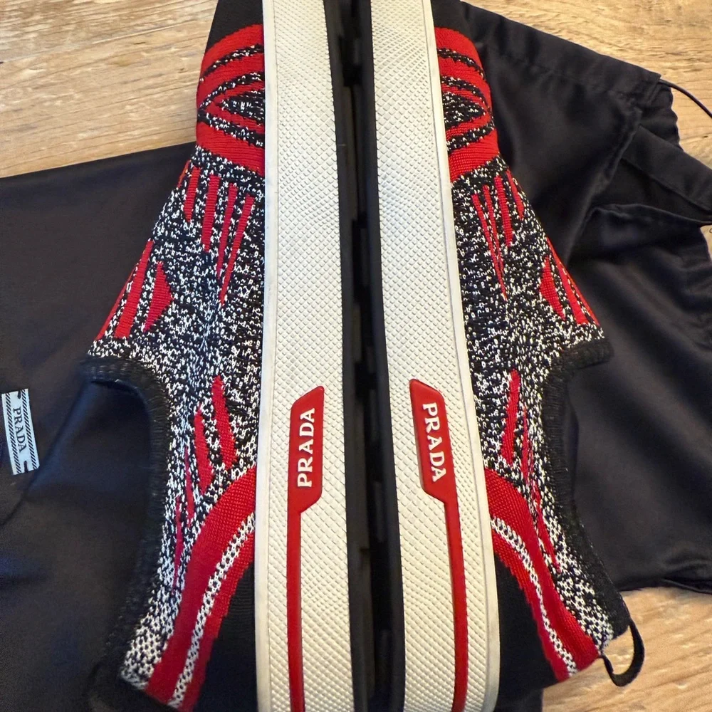 Prada Women’s Calzature Donna Knit Slip-On Sneakers — Black & Red 39 - Picture 12 of 15